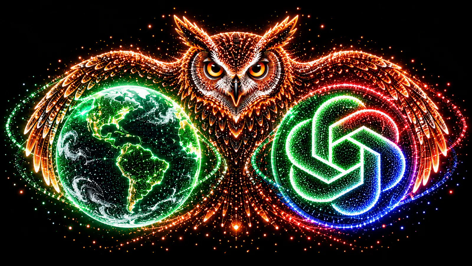 Eine Eule hält die Erde und ein OpenAI Logo