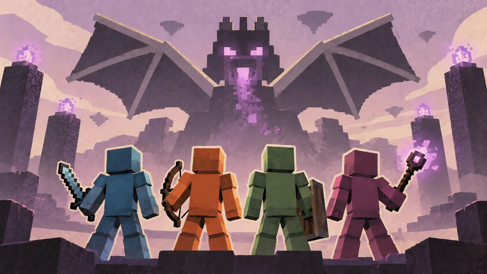 Minecraft Charaktere besiegen den Enderdrachen