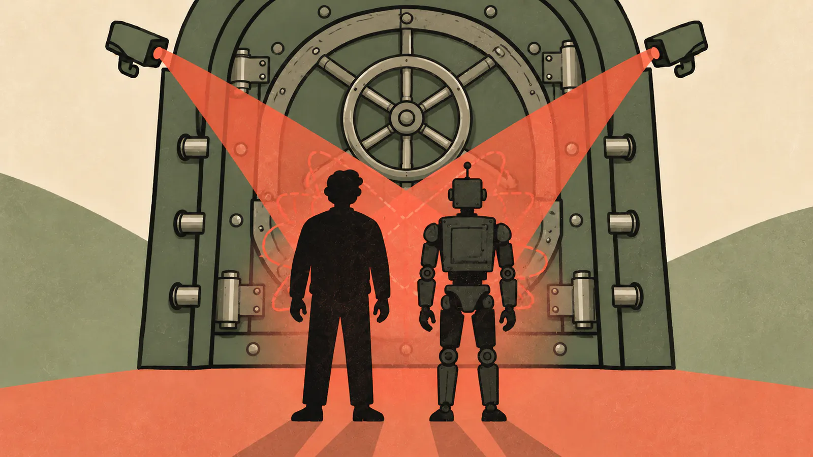 Ein Mensch und Roboter steht vor einer Bank