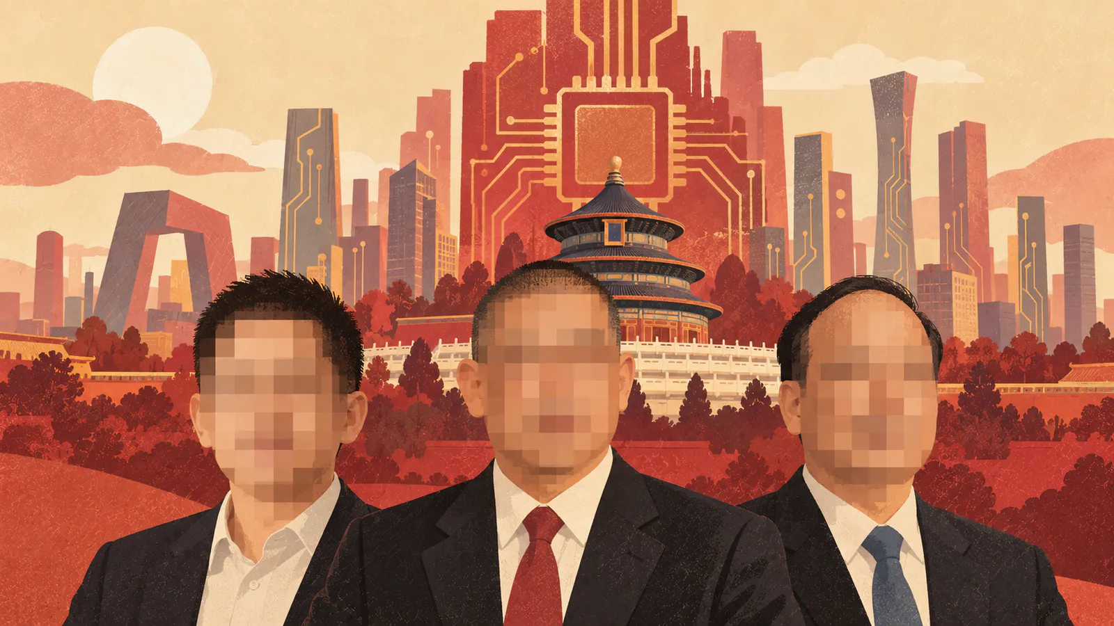 Chinesen vor einer KI Stadt