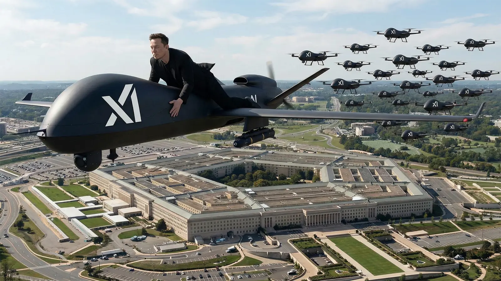 Elon Musk auf einer Drohne