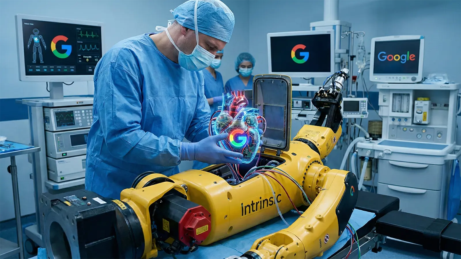 Einem Intrinsic Roboter wird bei einer Operation ein Google Herz eingepflanzt.