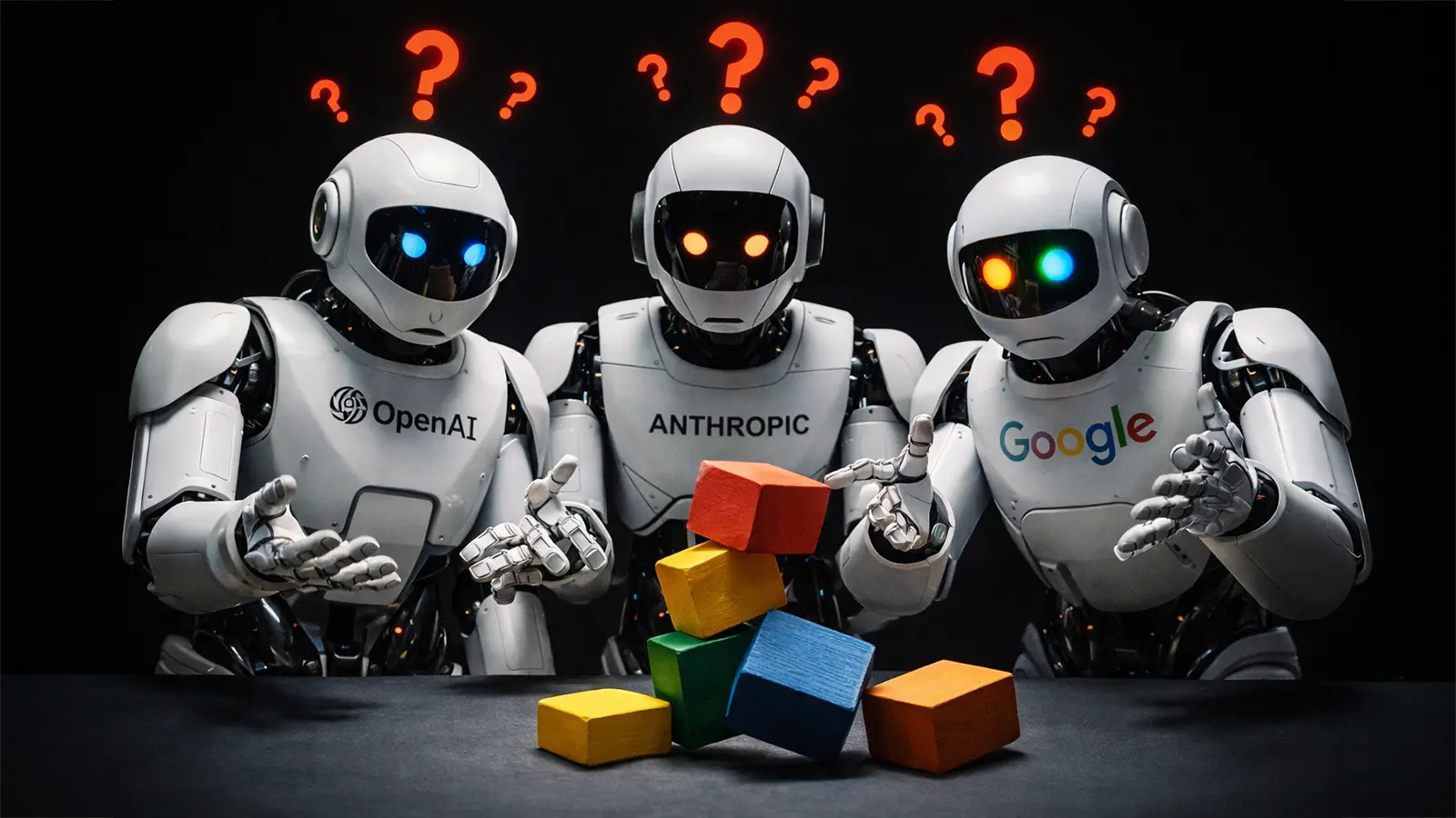 Hochentwickelte futuristische Roboter von OpenAI, Anthropic und Google versuchen 5 Bauklötze aufeinander zu stapeln, scheitern aber grandios an dieser einfach Aufgabe. Über den Köpfen Fragezeichen.