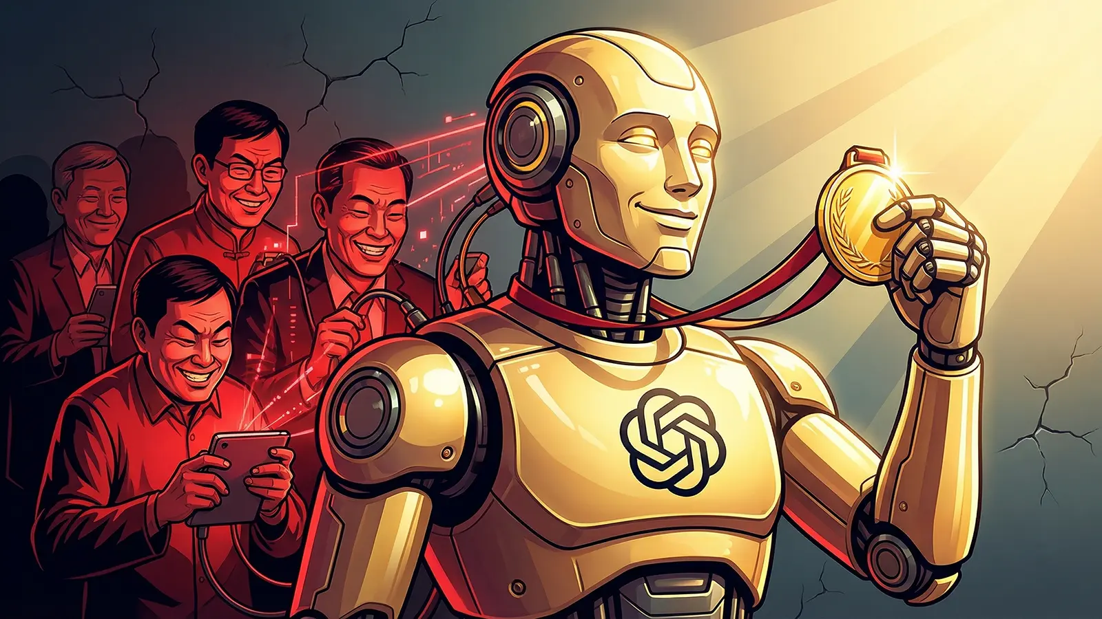 Ein starker OpenAI Roboter wird von Chinesen heimlich angezapft und ausgelesen. Die Chinesen grinsen schelmisch.