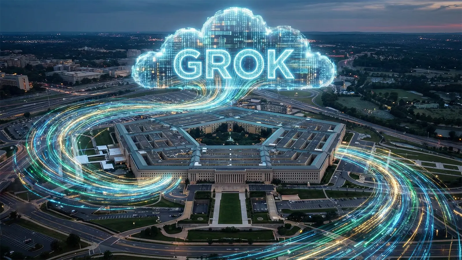 Das Pentagon umgeben von einem magischen Datenstrom