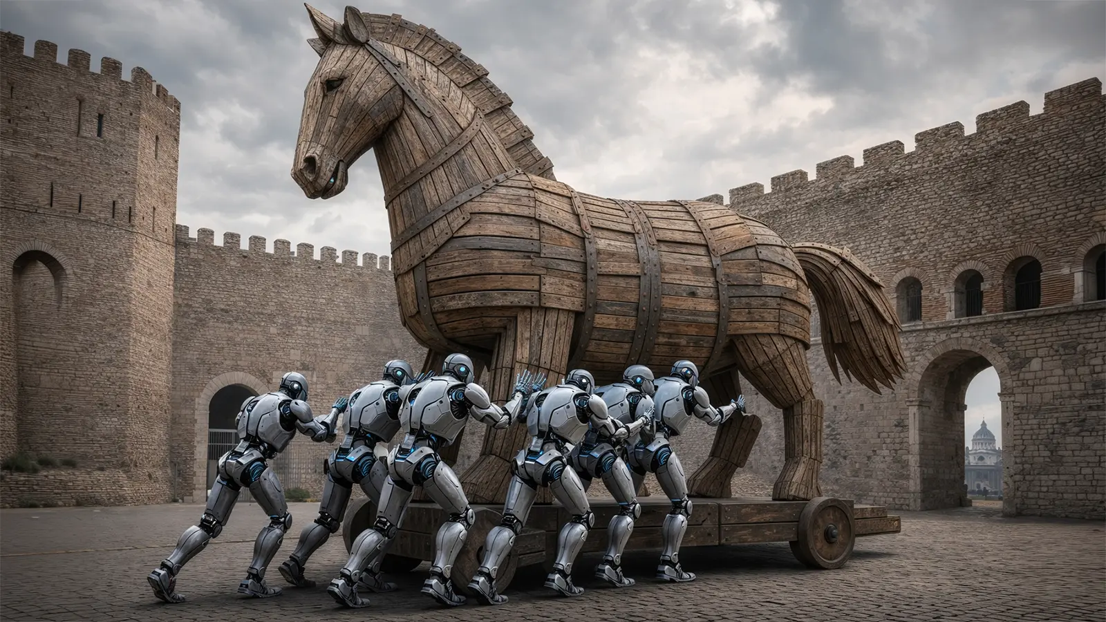 Roboter schieben ein trojanisches Pferd