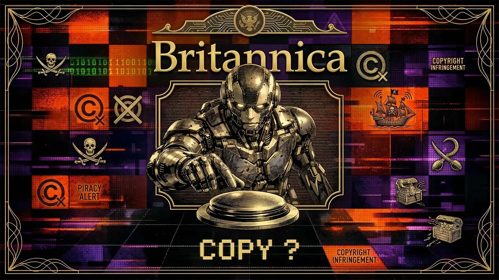 Ein Roboter drückt auf ein Knopf um Britannica zu kopieren