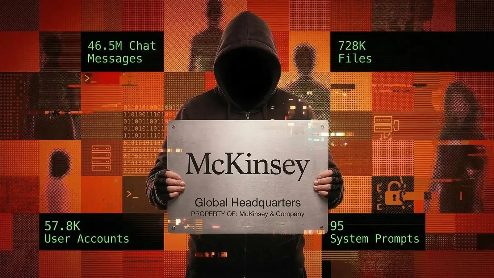 Ein Hacker hält ein KcKinsey Schild