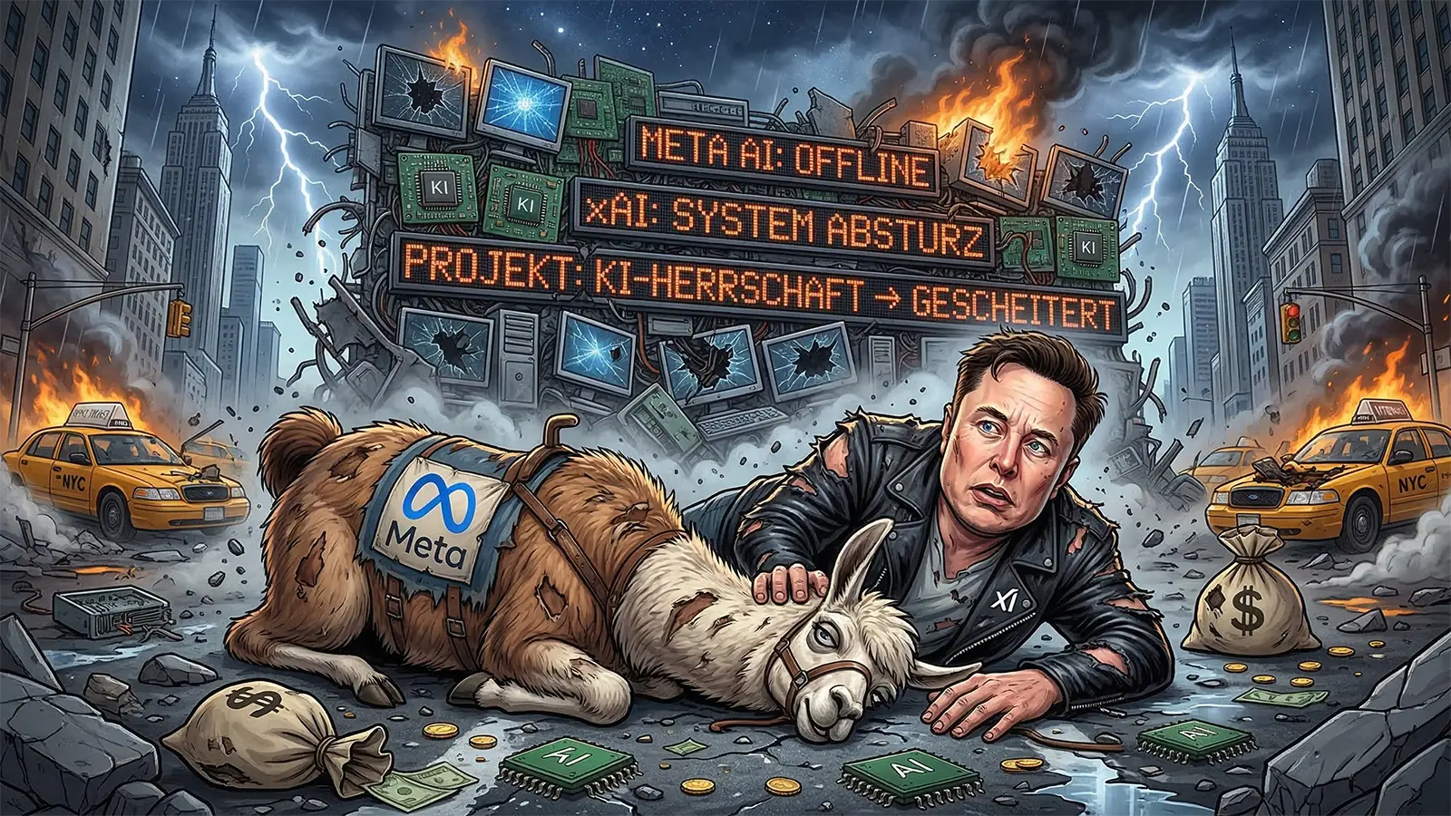 Elon Musk und ein Lama liegen auf dem Boden
