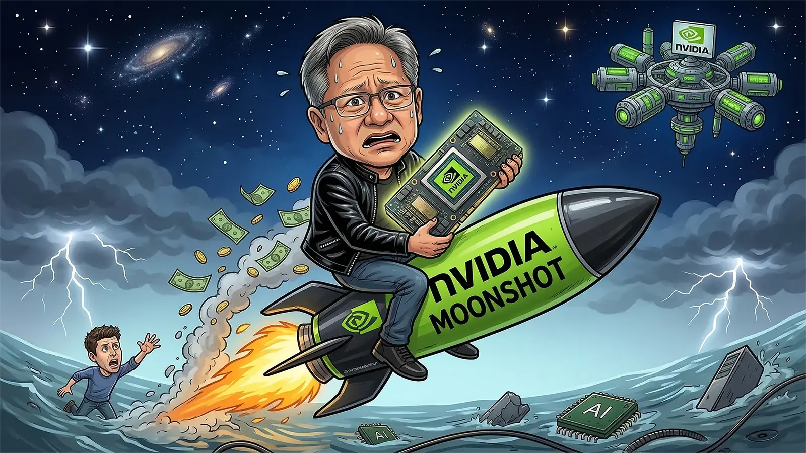 Jensen Huang sitzt auf einer Rakete Richtung All