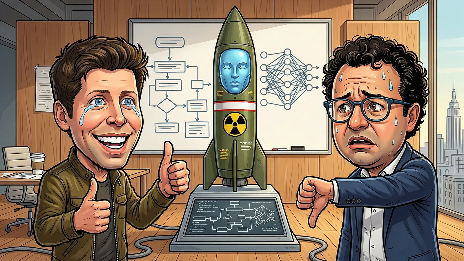 Dario Amodei und Sam Altman mit einer Atomrakete