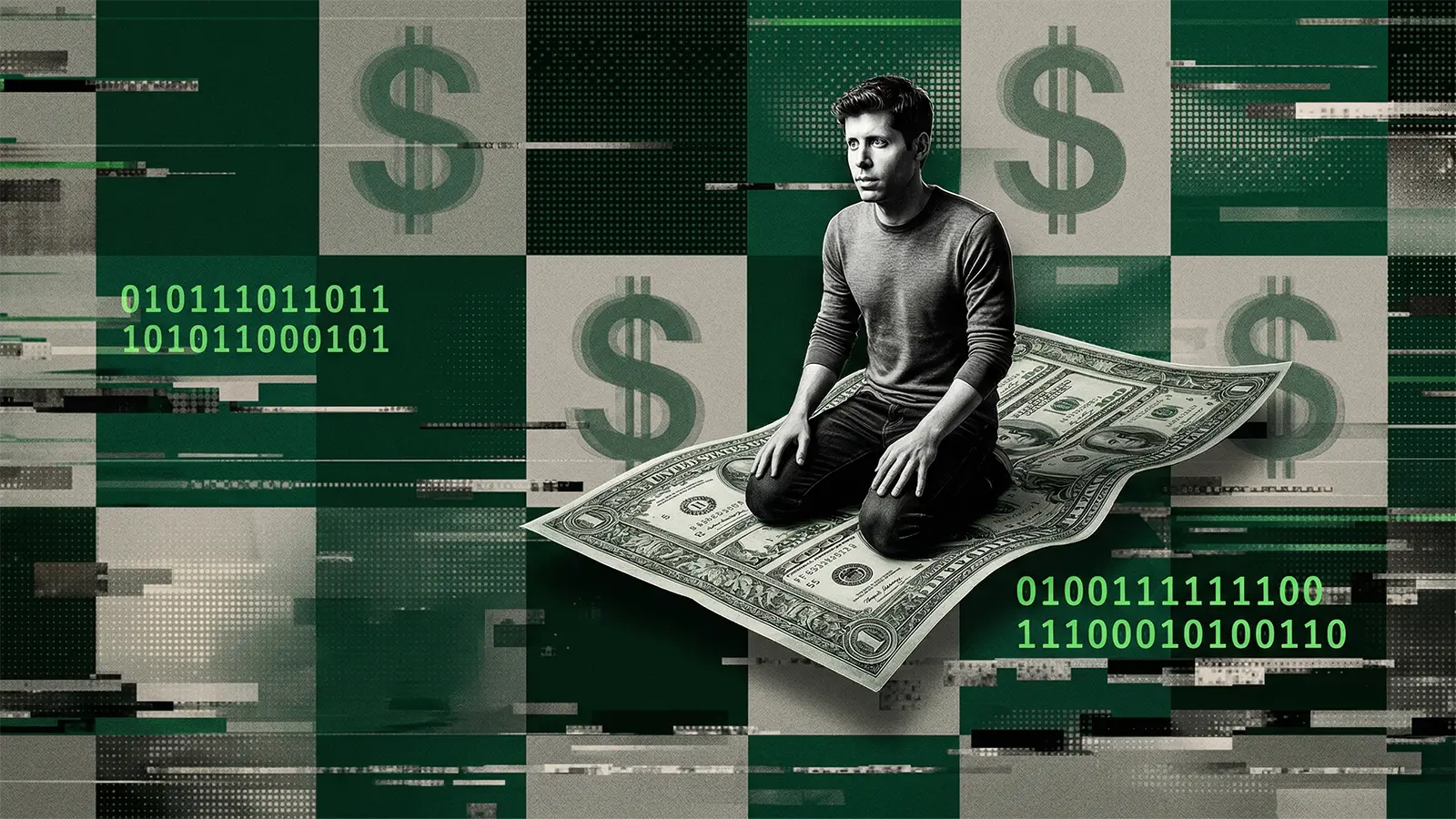 Sam Altman sitzt auf einem fliegenden Teppich aus Dollar Scheinen