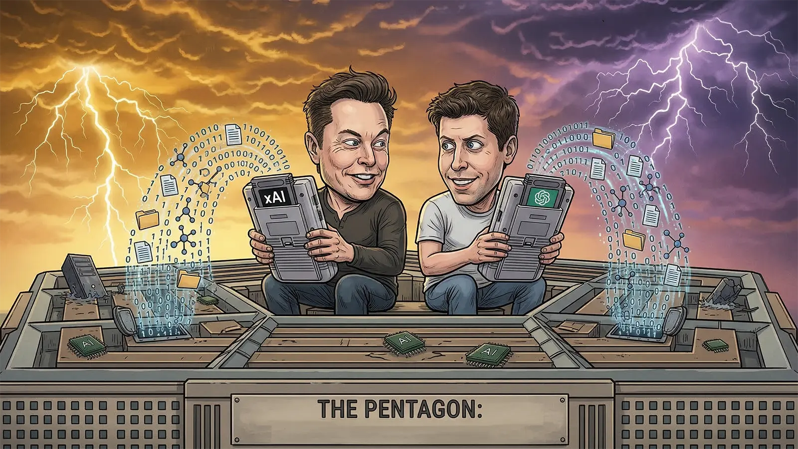 Sam Altman und Elon Musk sitzen auf dem Pentagon