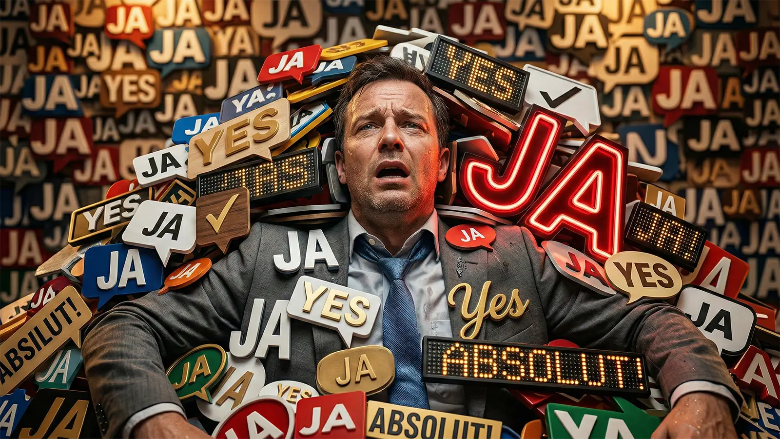 Ein Mensch liegt in Logos voller Ja Sagern