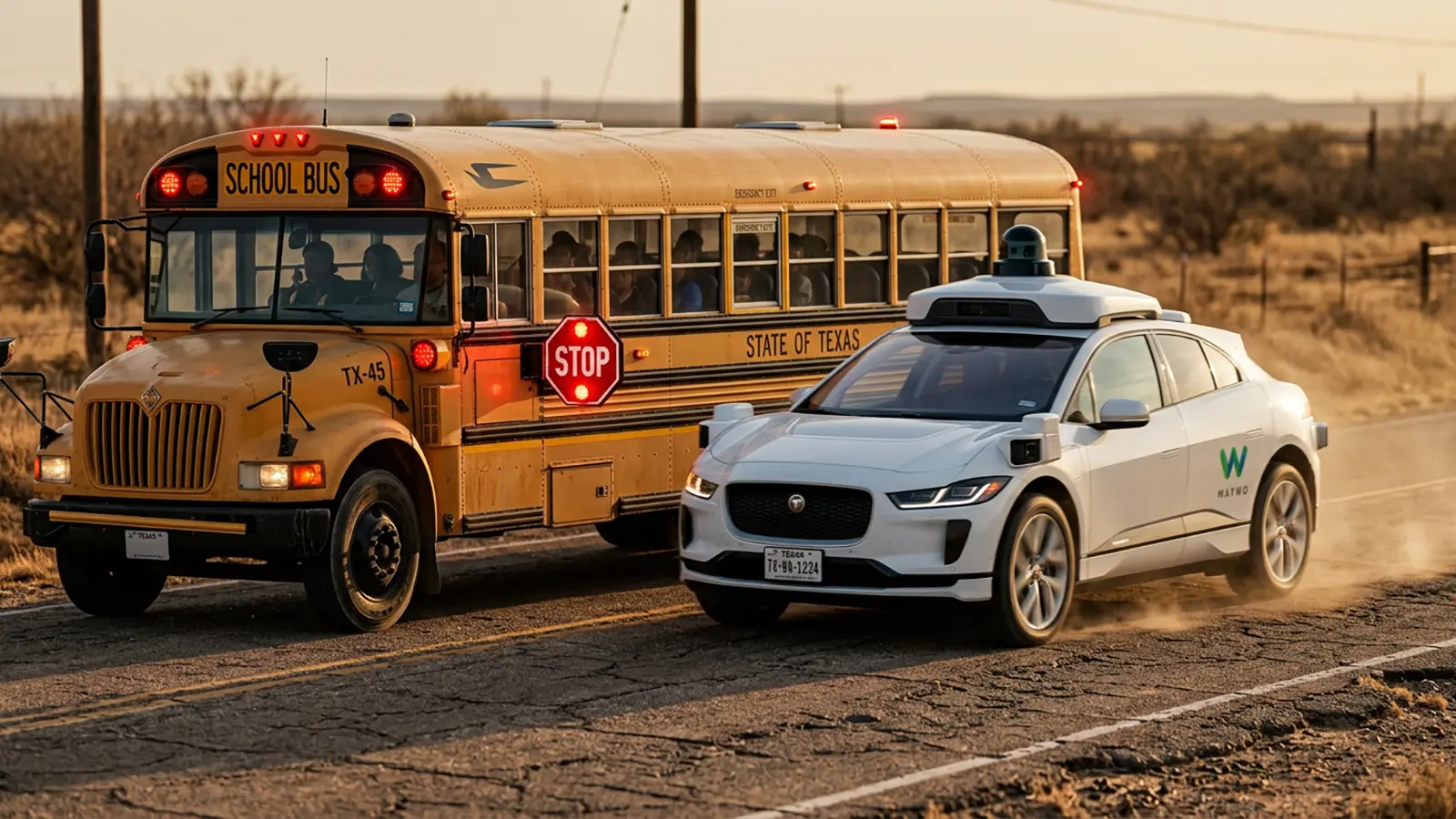 Ein Waymo Taxi überholt ein Bus