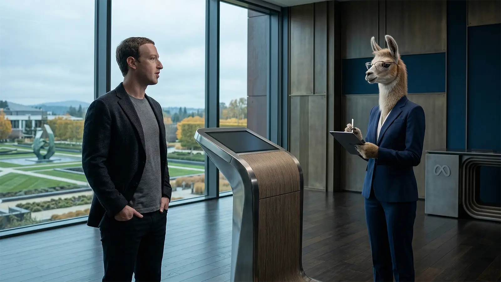 Mark Zuckerberg mit einer Lama-Assistentin