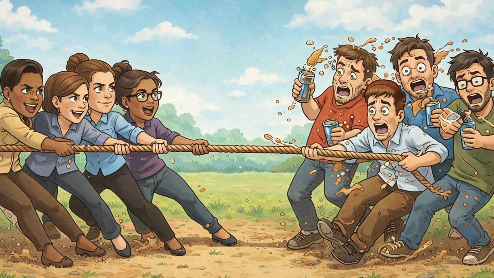 Frauen beim Tauziehen gegen Männer