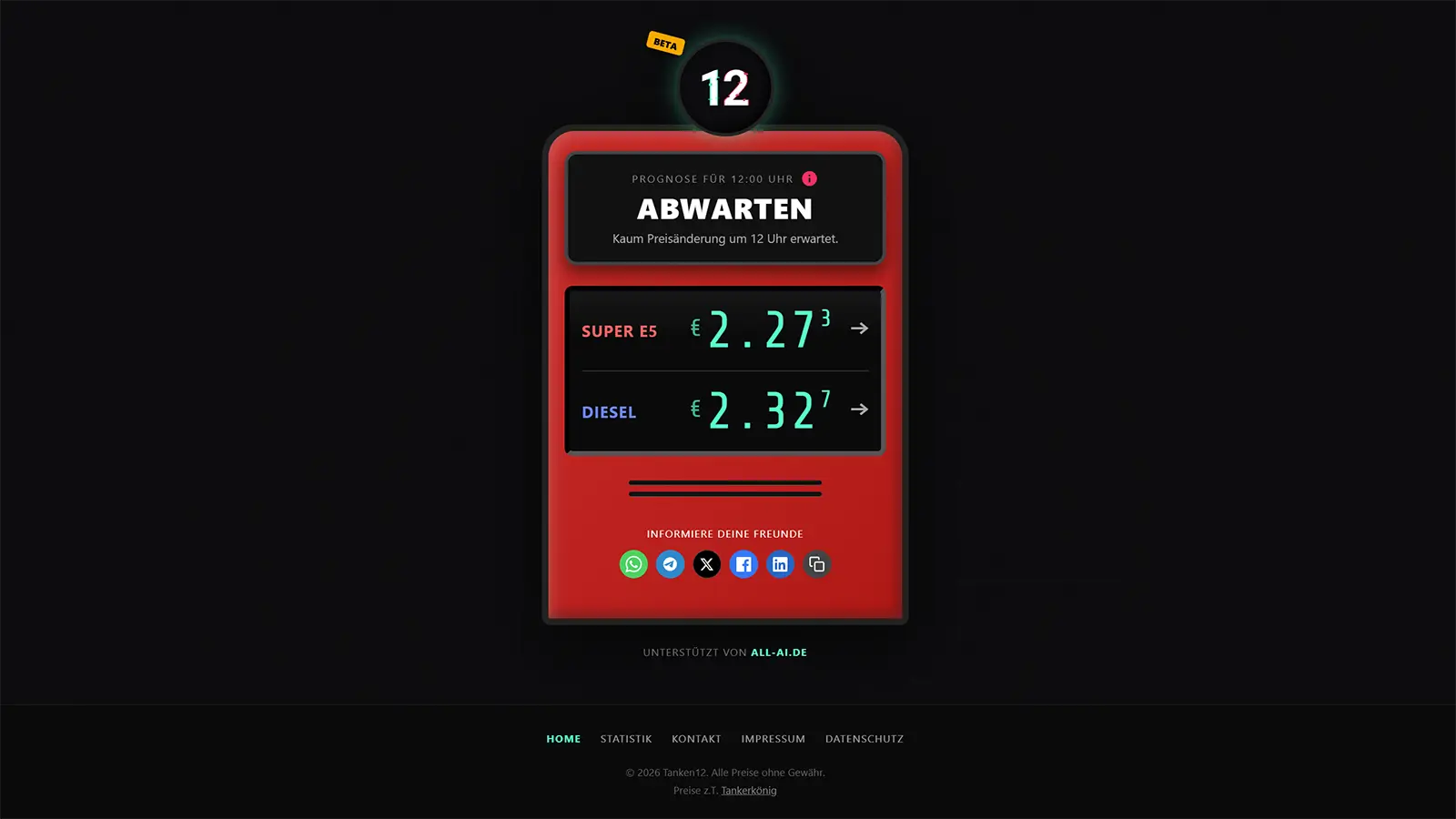 Hauptseite von Tanken12.de