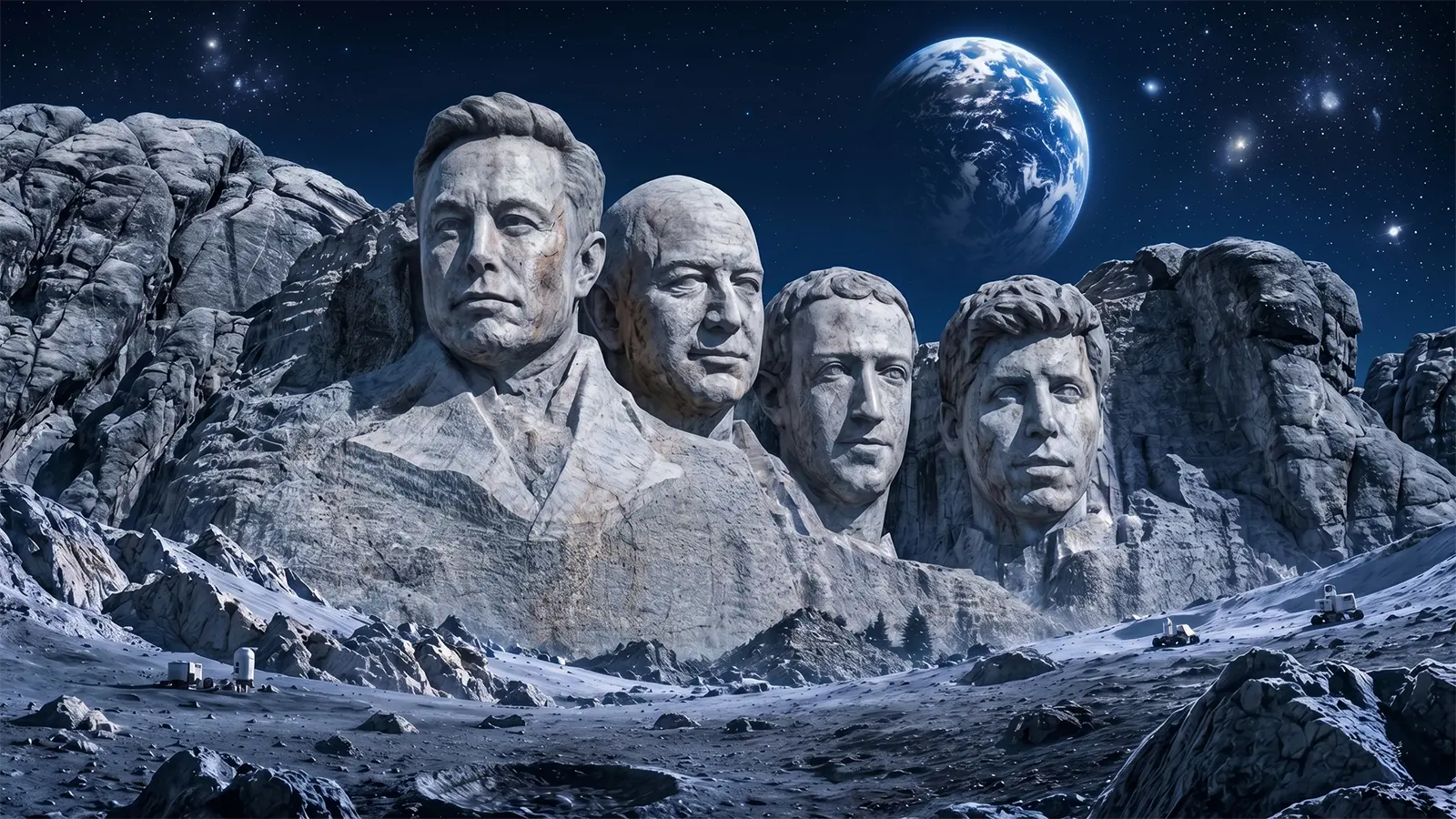 Musk, Bezos, Zuckerberg und Altman auf dem Mond