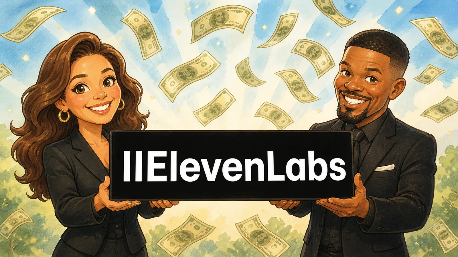 Zwei Menschen halten Elevenlabs hoch