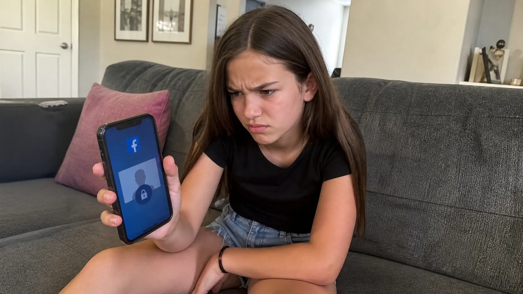 Ein Mädchen vor einer gesperrten Facebook App