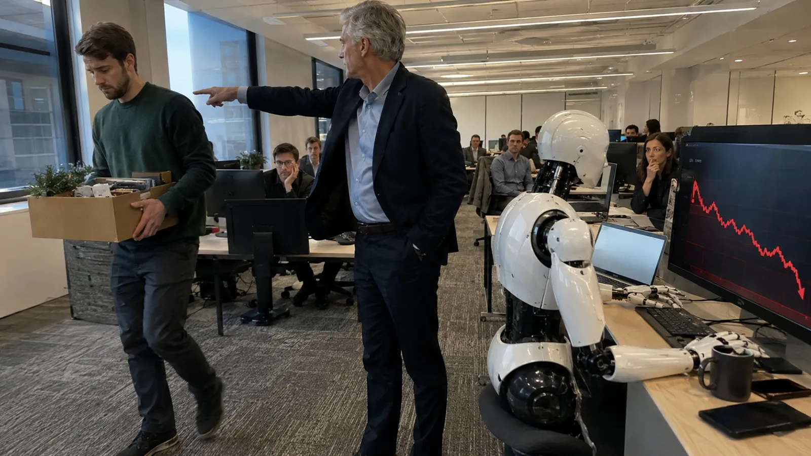 Ein Arbeiter wird durch KI-Roboter ersetzt