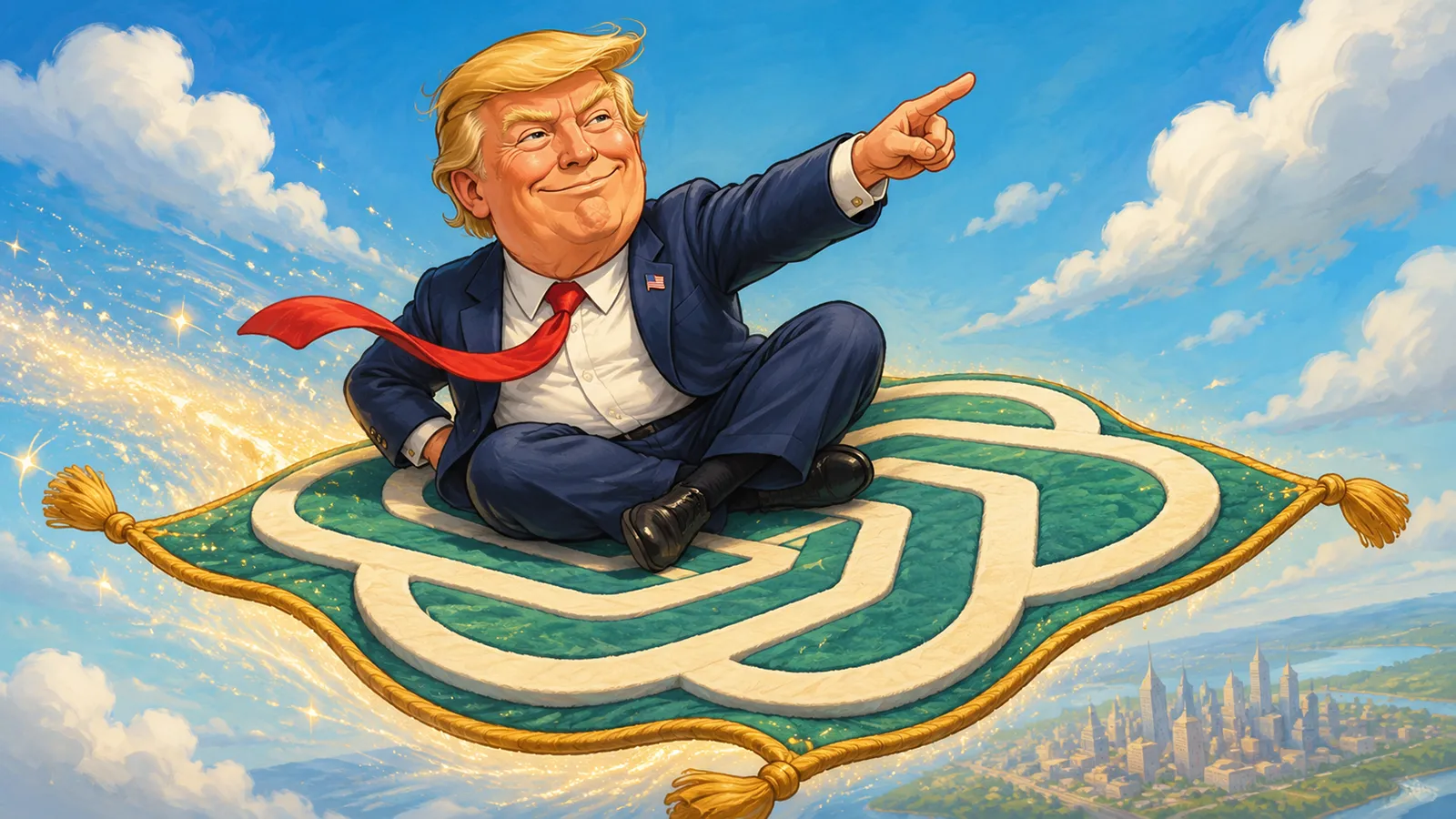 Donald Trump auf einem fliegenden OpenAI Teppich