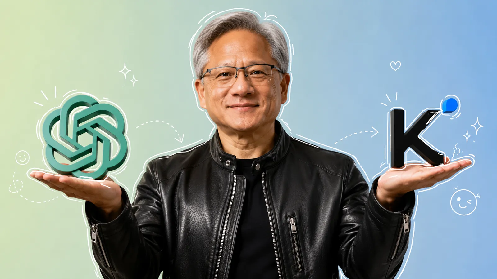 Jensen Huang hält zwei Logos hoch