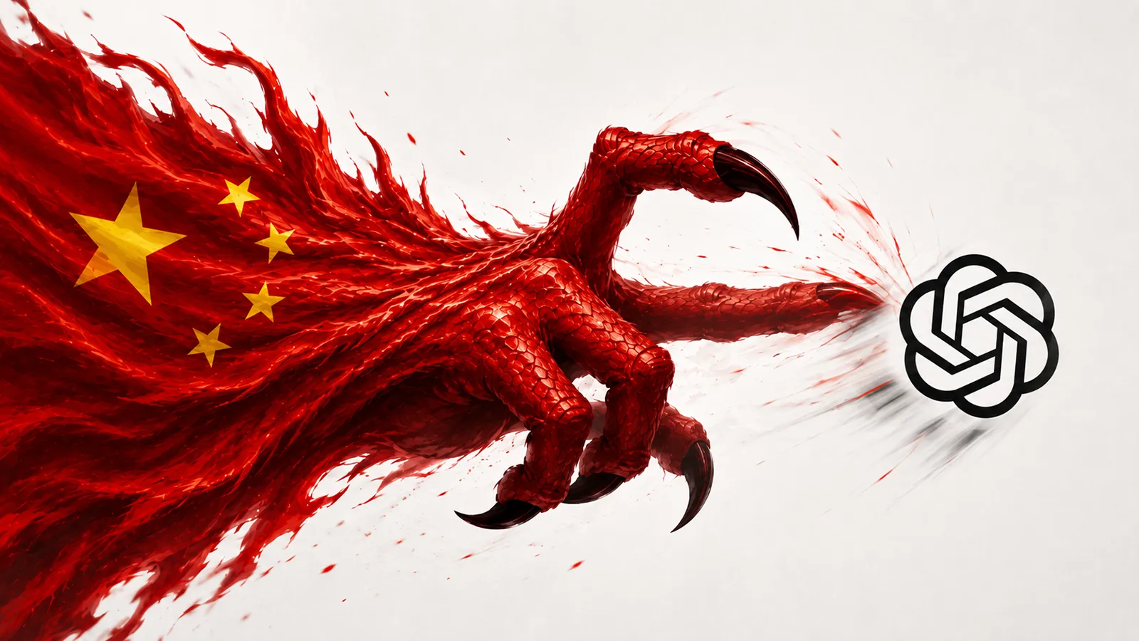 Eine chinesische Flagge schnippst ein OpenAI Logo weg