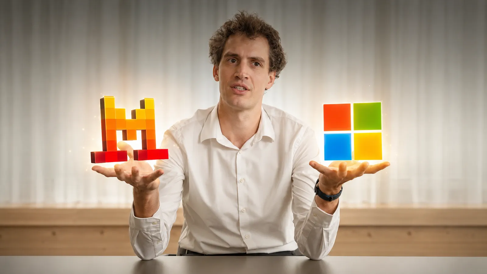 Arthur Mensch hält Mistral und Windows Logo hoch