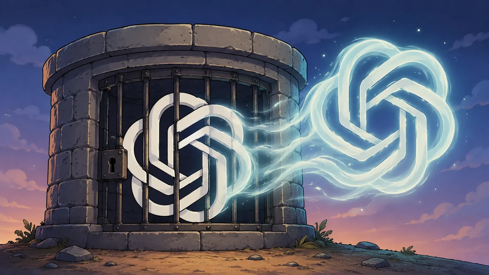 Ein OpenAI Logo bricht aus einem Gefängnis aus