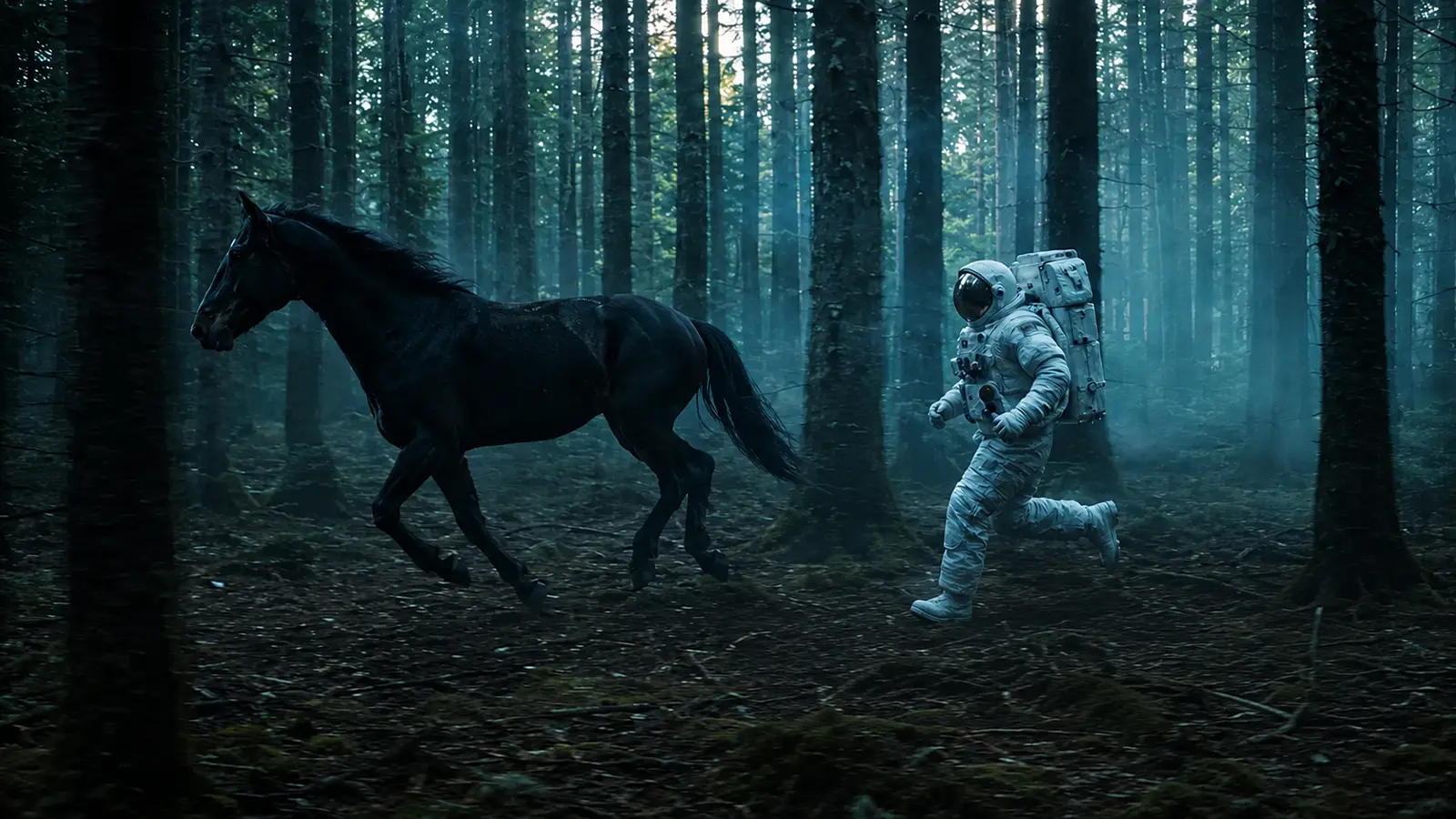 Ein Astronaut jagt ein Pferd