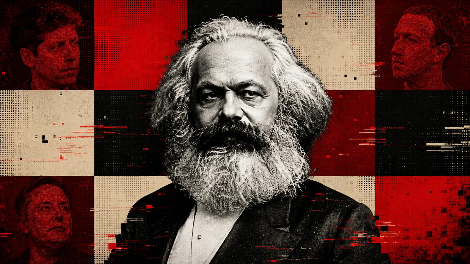 Karl Marx wird von Altman, Zuckerberg und Musk angeschaut