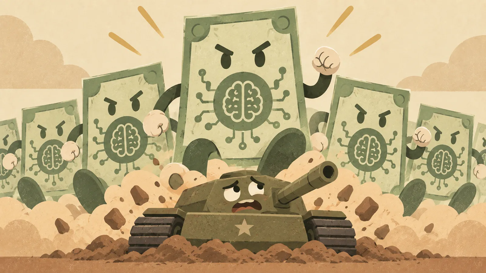 Ein Panzer wird von Geld überrollt