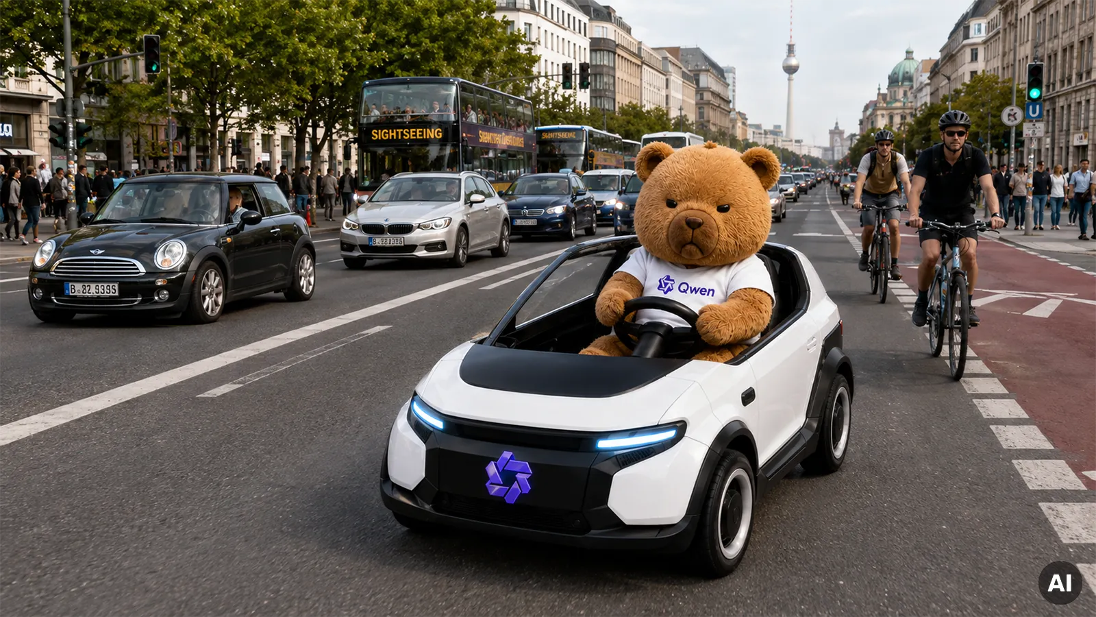Ein Qwen Bär fährt Auto in Berlin