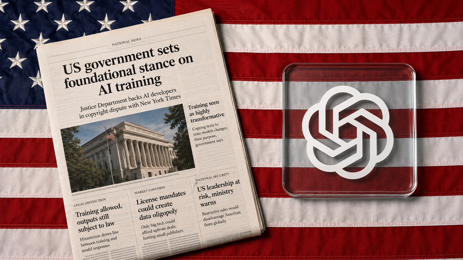 Eine Zeitung und das OpenAI Logo auf einer US Flagge