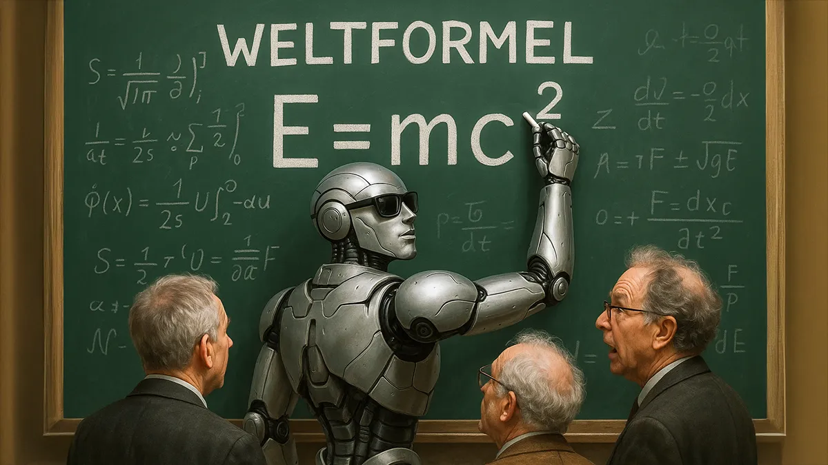 Ein Roboter an der Tafel mit Weltformel
