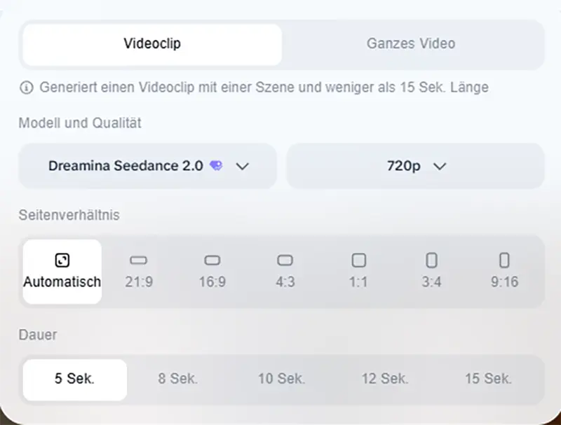 Seedance 2.0 Einstellungen