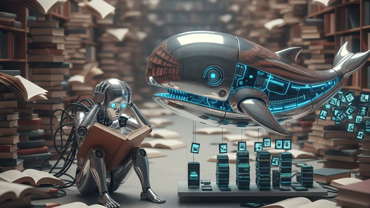 Eine Bibliothek wo ein Roboter verzweifelt und ein Roboter-Wal die Arbeit erledigt