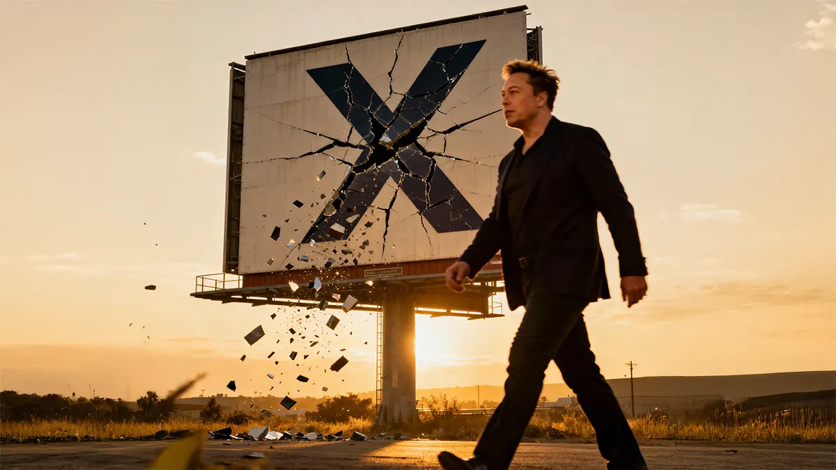 Elon Musk vor einem zerbrochenen X