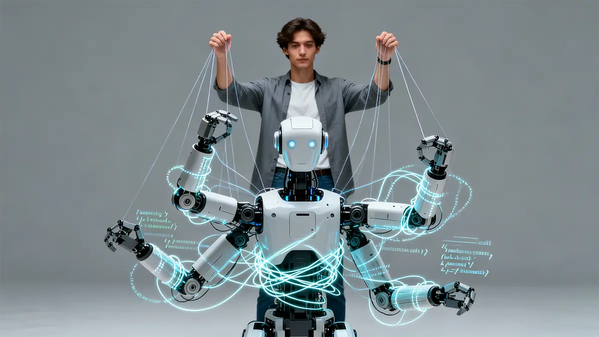 Ein Mensch steuert einen Roboter