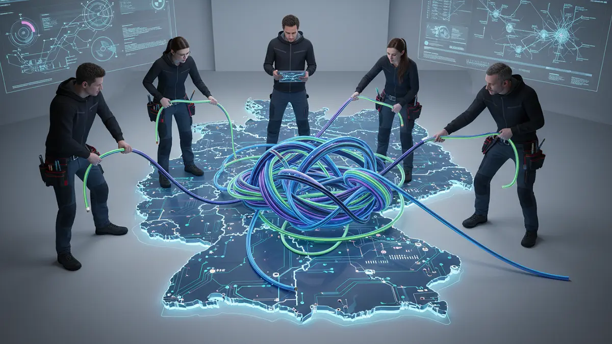 Personen versuchen Datenkabel zu entwirren über Deutschland