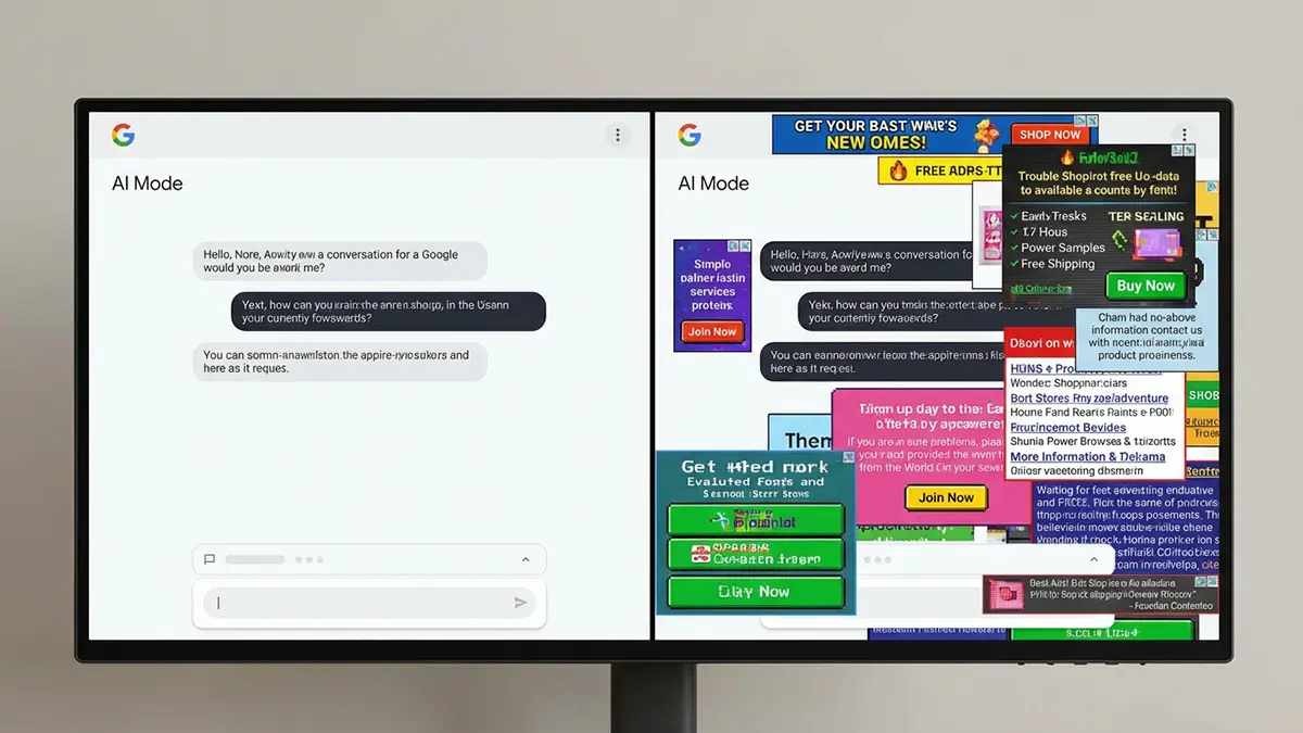 Google AI Mode ohne vs. mit Werbung