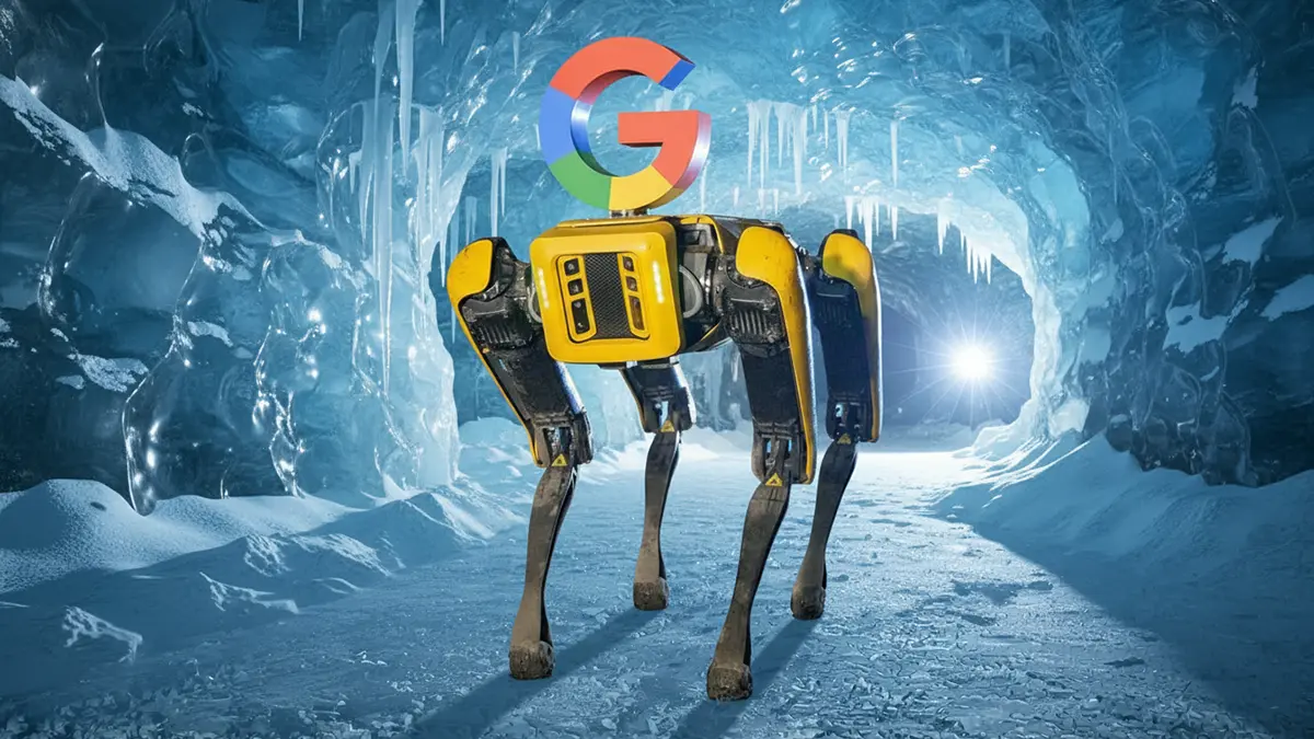 Ein Boston Dynamic Roboter mit Google Kopf in einer Eishöhle 