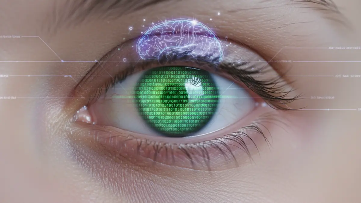 Ein großes menschliches Auge mit Binärcode