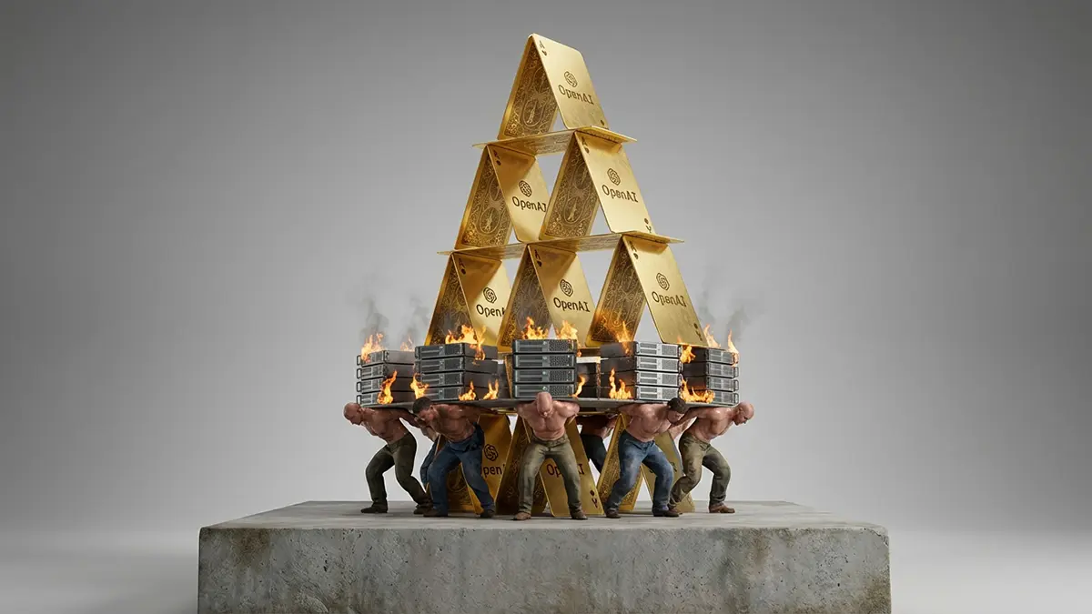 Ein OpenAI Kartenhaus wird getragen von Partnern