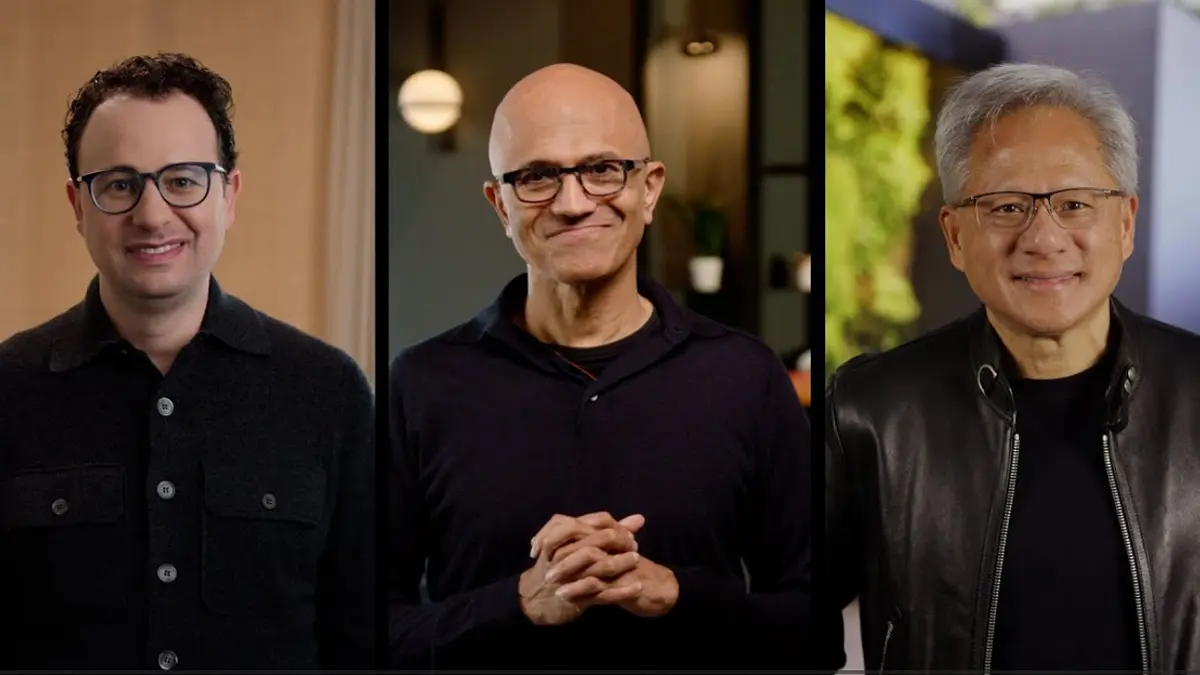 Ein Bild mit den CEOs von Microsoft, Anthropic und Nvidia