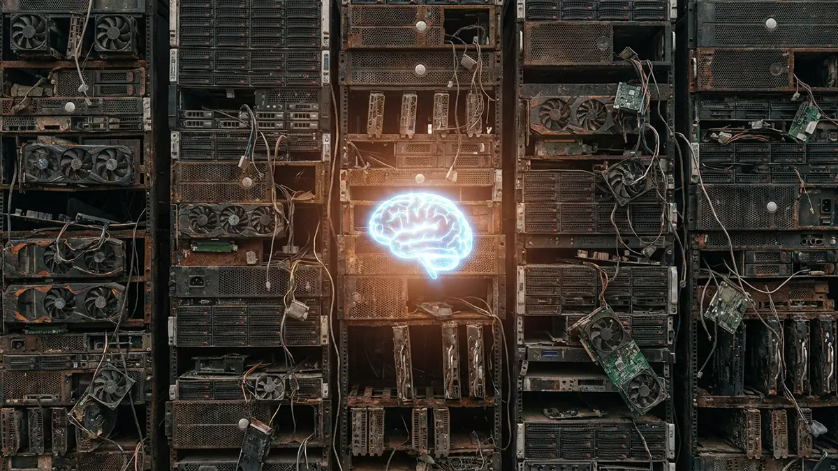 Ein Gehirn vor einem kaputten Server-Schrank