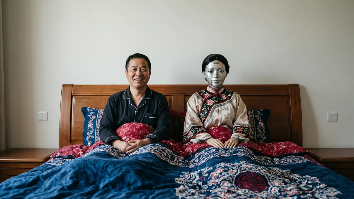 Ein Chinese mit einem chinesischen Roboter im Bett