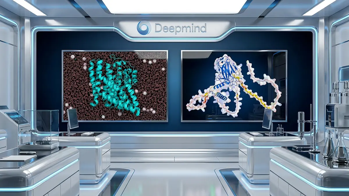 Ein DeepMind Labor mit Bildern von Proteinen 